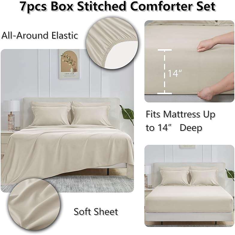 CozyLux Queen Comforter Set Beige - 7 Pieces Bed in a Bag Queen, Oeko-Tex Certified Bedding Set, All Season Soft Bed Set with Down Alternative Comforter, Sheets, Pillowcases & Shams - Image 4
