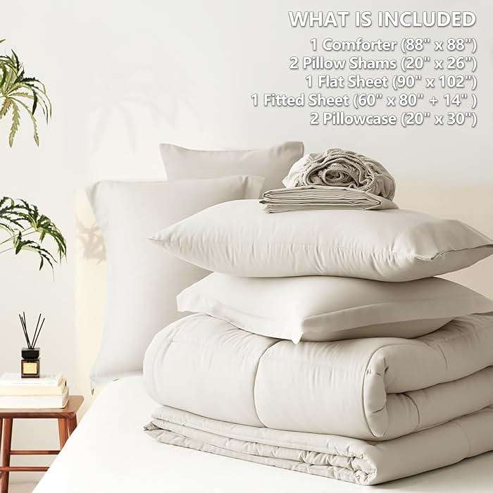 CozyLux Queen Comforter Set Beige - 7 Pieces Bed in a Bag Queen, Oeko-Tex Certified Bedding Set, All Season Soft Bed Set with Down Alternative Comforter, Sheets, Pillowcases & Shams - Image 5