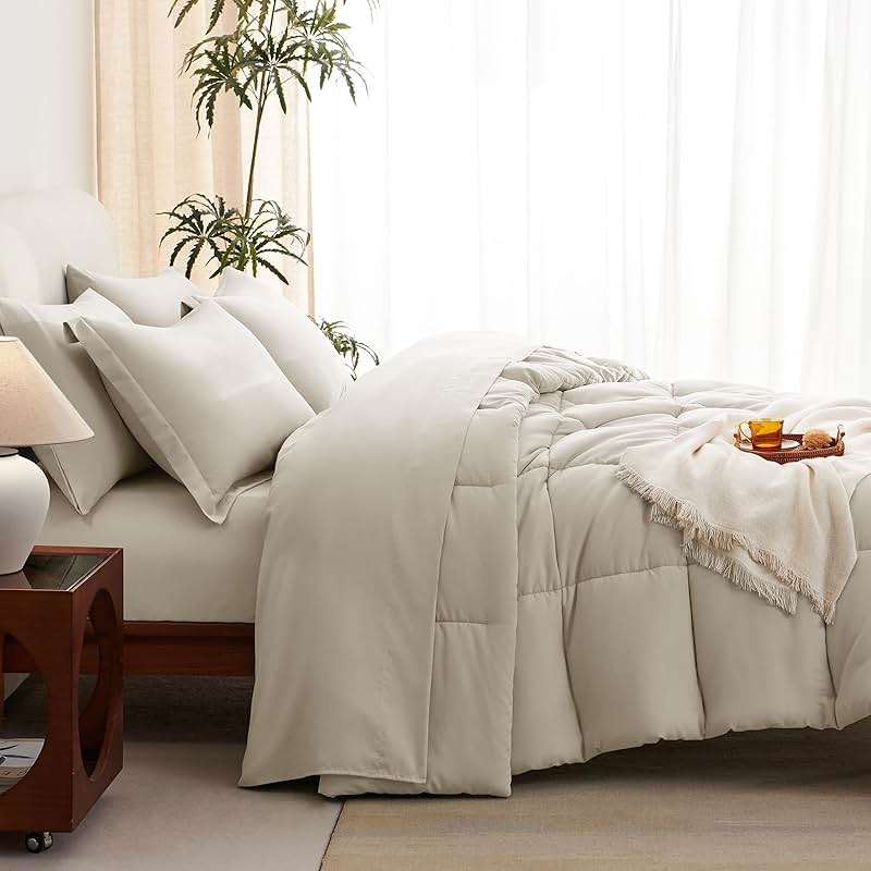 CozyLux Queen Comforter Set Beige - 7 Pieces Bed in a Bag Queen, Oeko-Tex Certified Bedding Set, All Season Soft Bed Set with Down Alternative Comforter, Sheets, Pillowcases & Shams - Image 7