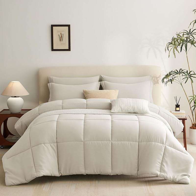 CozyLux Queen Comforter Set Beige - 7 Pieces Bed in a Bag Queen, Oeko-Tex Certified Bedding Set, All Season Soft Bed Set with Down Alternative Comforter, Sheets, Pillowcases & Shams - Image 8