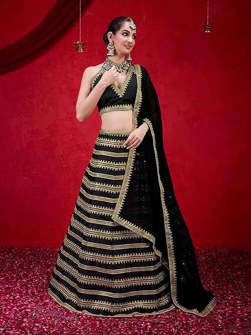 TRENDMALLS Silk Embroidery Lehenga Choli with Dupatta For Women (L251-Black-SemiStitch-FreeSize) - Image 8