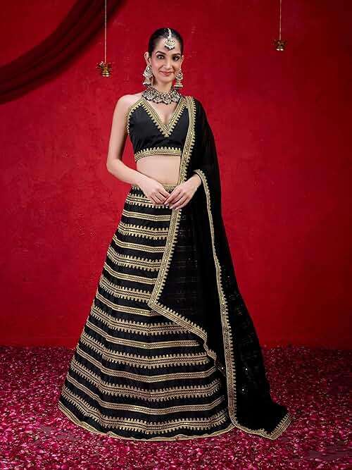 TRENDMALLS Silk Embroidery Lehenga Choli with Dupatta For Women (L251-Black-SemiStitch-FreeSize) - Image 9