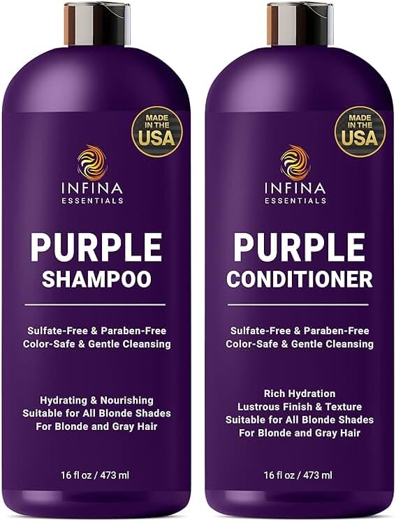 INFINA ESSENTIALS Purple Shampoo and Conditioner Set - Sulfate Free, Enriched with Coconut Oil & Aloe Vera, Ideal for Blonde, Gray, Brassy & Color Treated Hair, Nourishes & Hydrates - 16 fl oz each - Product Image