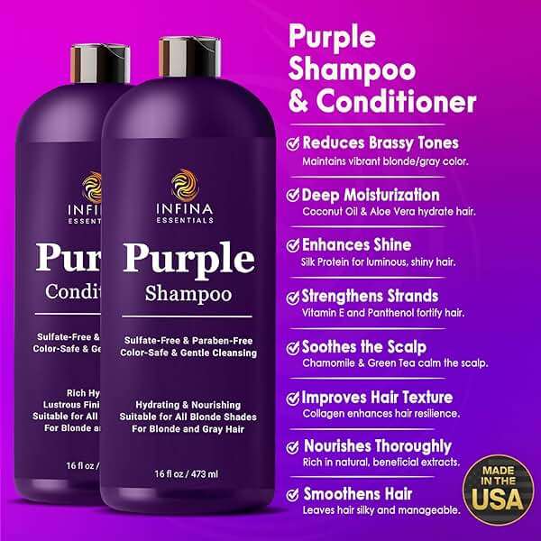INFINA ESSENTIALS Purple Shampoo and Conditioner Set - Sulfate Free, Enriched with Coconut Oil & Aloe Vera, Ideal for Blonde, Gray, Brassy & Color Treated Hair, Nourishes & Hydrates - 16 fl oz each - Image 2