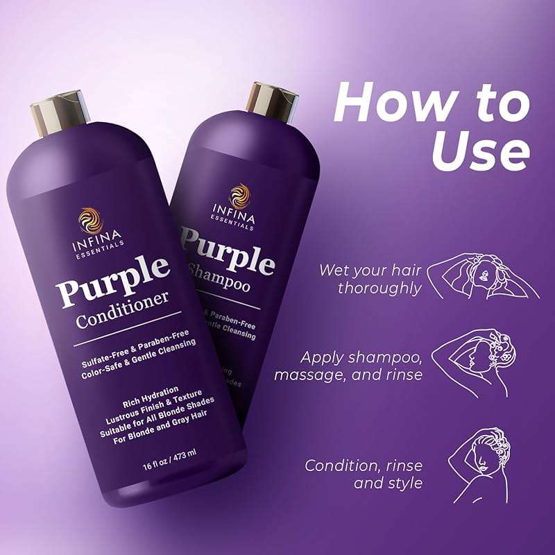 INFINA ESSENTIALS Purple Shampoo and Conditioner Set - Sulfate Free, Enriched with Coconut Oil & Aloe Vera, Ideal for Blonde, Gray, Brassy & Color Treated Hair, Nourishes & Hydrates - 16 fl oz each - Image 3