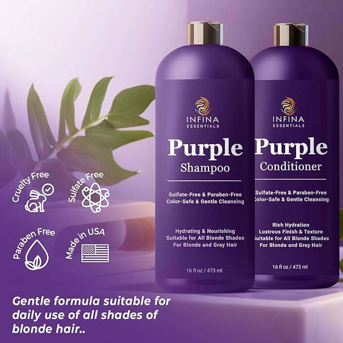 INFINA ESSENTIALS Purple Shampoo and Conditioner Set - Sulfate Free, Enriched with Coconut Oil & Aloe Vera, Ideal for Blonde, Gray, Brassy & Color Treated Hair, Nourishes & Hydrates - 16 fl oz each - Image 4