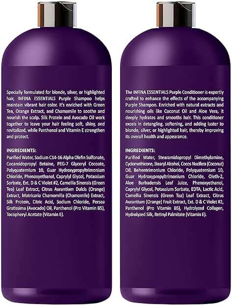 INFINA ESSENTIALS Purple Shampoo and Conditioner Set - Sulfate Free, Enriched with Coconut Oil & Aloe Vera, Ideal for Blonde, Gray, Brassy & Color Treated Hair, Nourishes & Hydrates - 16 fl oz each - Image 8