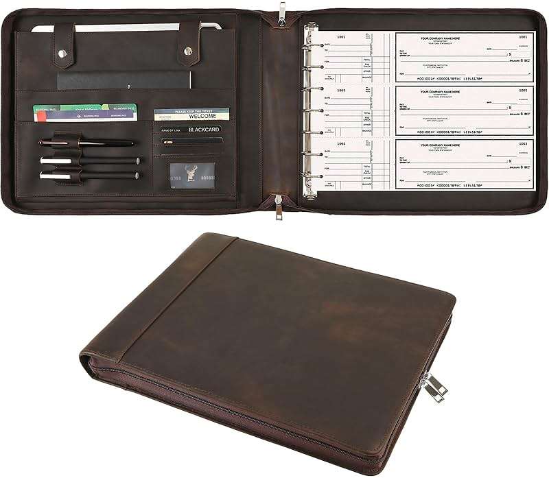 GZRHKJ 7 Ring Business Checkbook Binder, Genuine Leather Zipper Check Binder, 600 Checks Capacity for 9 x 13 Inch Sheet, Personalized Engraved - Image 1