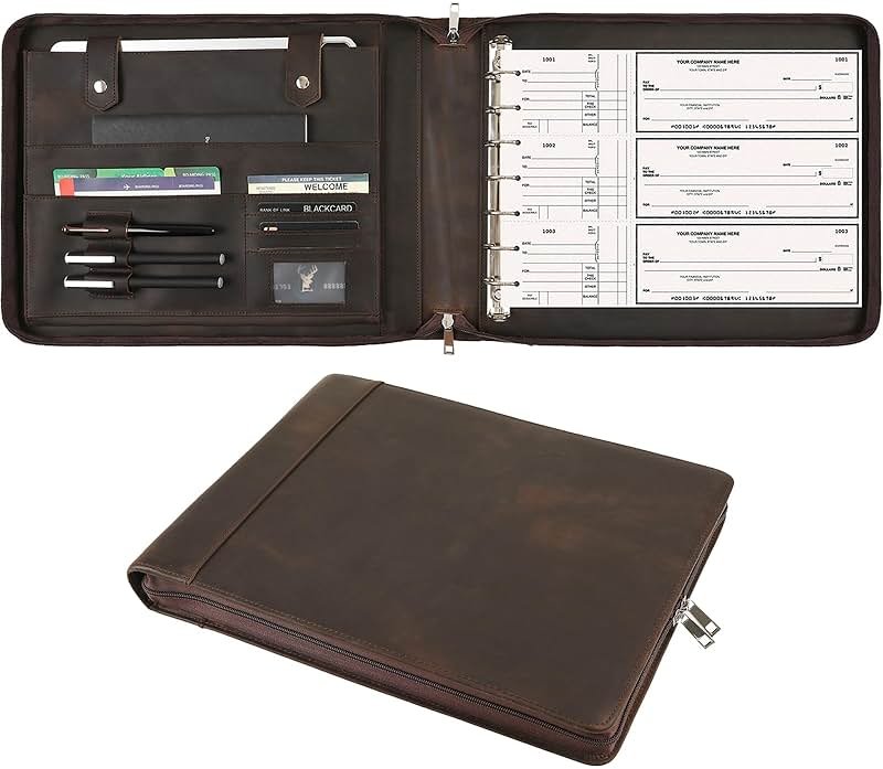GZRHKJ 7 Ring Business Checkbook Binder, Genuine Leather Zipper Check Binder, 600 Checks Capacity for 9 x 13 Inch Sheet, Personalized Engraved - Product Image