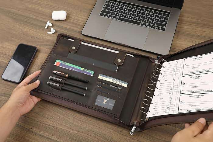 GZRHKJ 7 Ring Business Checkbook Binder, Genuine Leather Zipper Check Binder, 600 Checks Capacity for 9 x 13 Inch Sheet, Personalized Engraved - Image 2