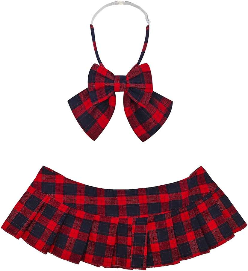 Jilneed Women Pleated Plaid Micro Mini Skirt Schoolgirl Cosplay Lingerie Skirts Sexy Role Playing Costume Outfit with Bow Tie - Image 1