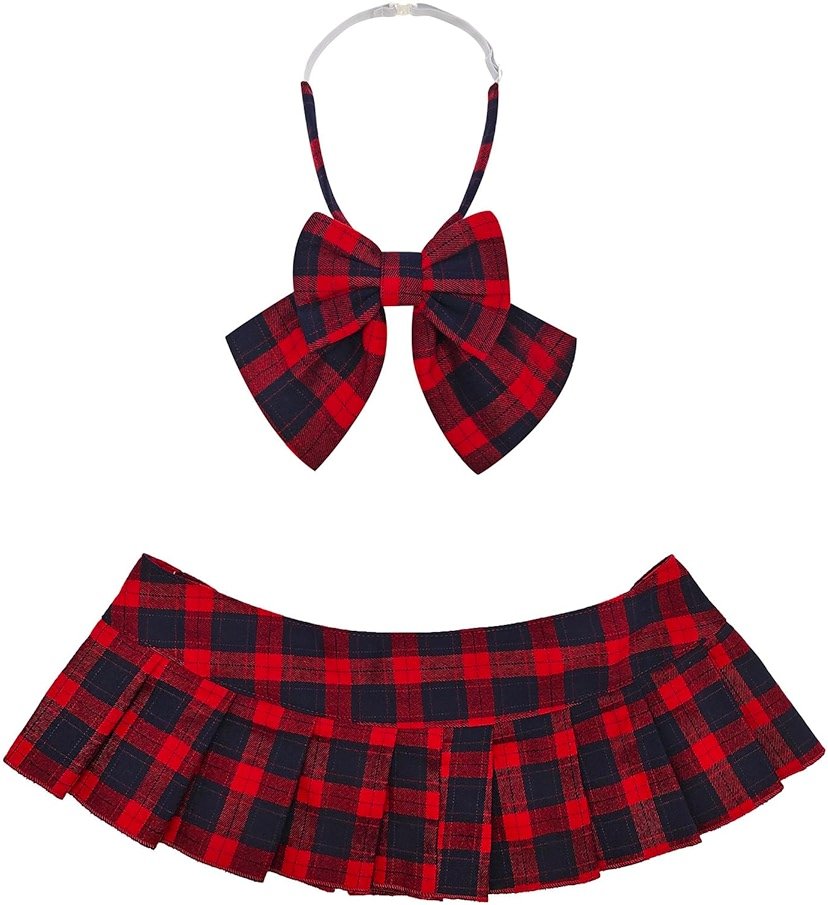 Jilneed Women Pleated Plaid Micro Mini Skirt Schoolgirl Cosplay Lingerie Skirts Sexy Role Playing Costume Outfit with Bow Tie - Product Image