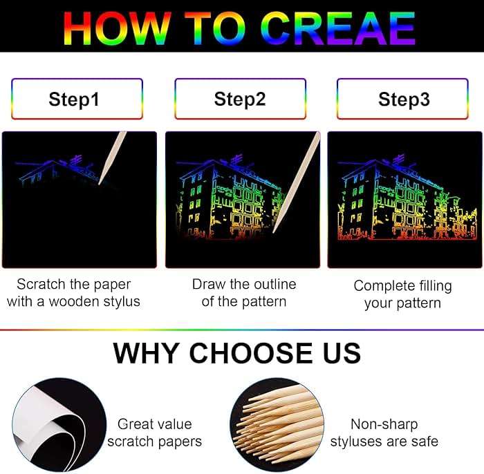 Cityrosy Scratch Art Paper Rainbow Sets for Kids 100 Pcs-Black Magic Scratch Off Craft Set Classroom Supplies Kits for Age 3-12 Kids Party Games Birthday Gifts Easter Basket Stuffers - Image 6