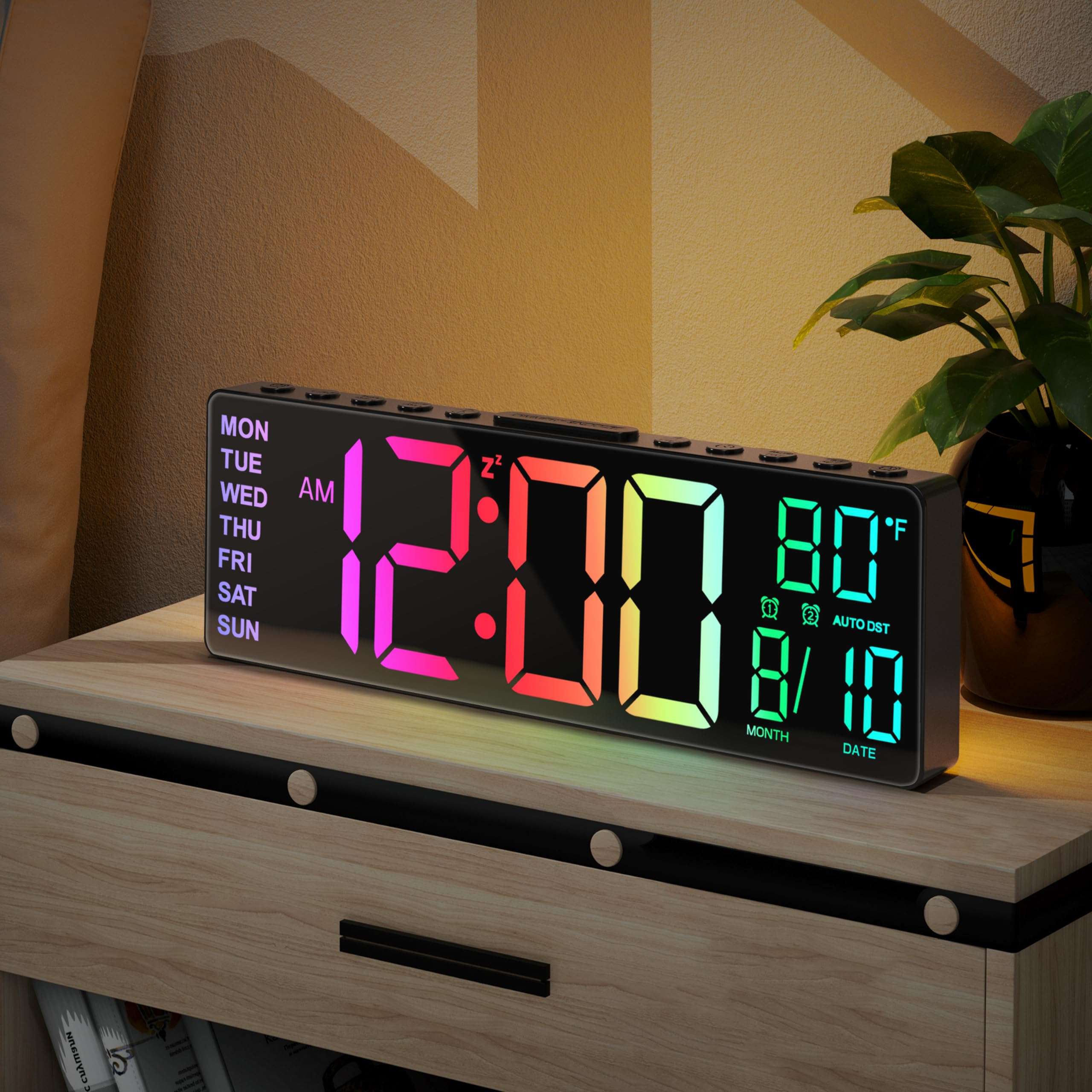 JALL 10.5'' Large Digital Alarm Clock with 8 RGB Colors, Date, Month, Temperature LED, Auto DST, Digital Clock Large Display for Classroom, Office, Bedroom, Back-to-School Gift for Students, Teachers - Image 1