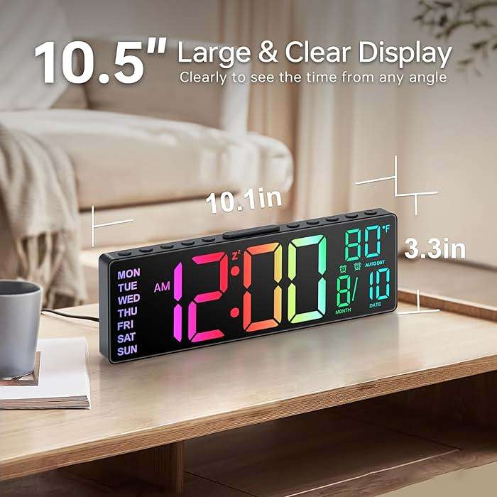 JALL 10.5'' Large Digital Alarm Clock with 8 RGB Colors, Date, Month, Temperature LED, Auto DST, Digital Clock Large Display for Classroom, Office, Bedroom, Back-to-School Gift for Students, Teachers - Image 2