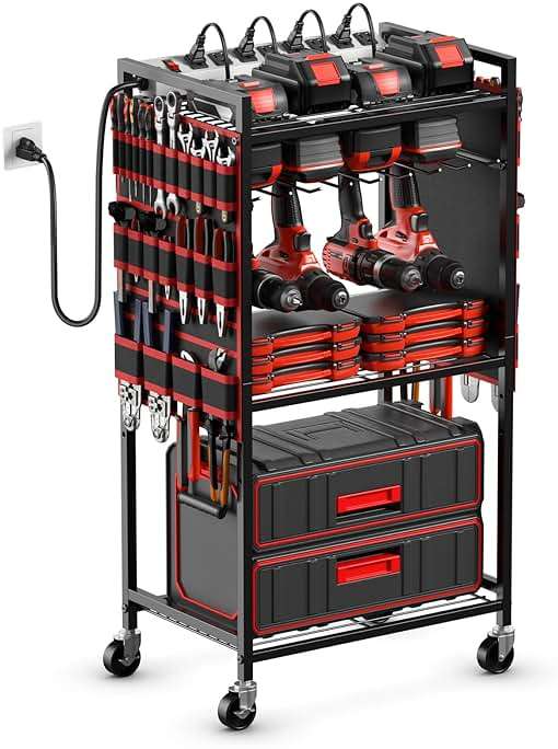 JUNNUJ Large Power Tool Organizer Cart with Charging Station, Garage Floor Standing Rolling Drill and Tools Battery Storage Cart on Wheels, Heavy Duty Utility Rack Shelf with 8 Outlet Power Strip, Red - Image 1