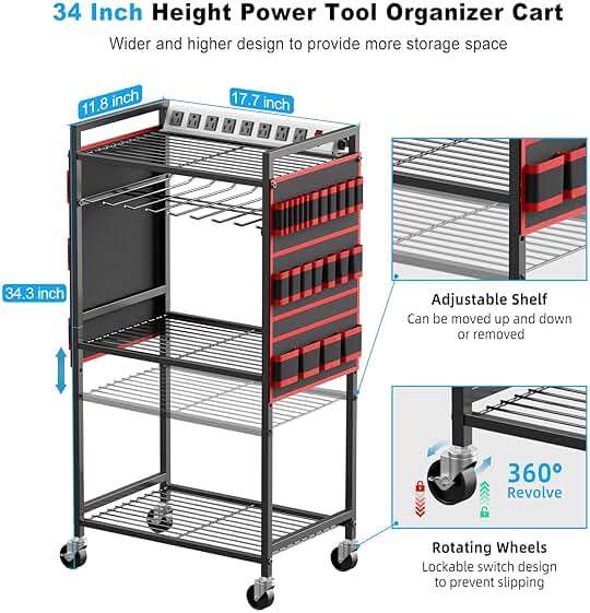 JUNNUJ Large Power Tool Organizer Cart with Charging Station, Garage Floor Standing Rolling Drill and Tools Battery Storage Cart on Wheels, Heavy Duty Utility Rack Shelf with 8 Outlet Power Strip, Red - Image 2
