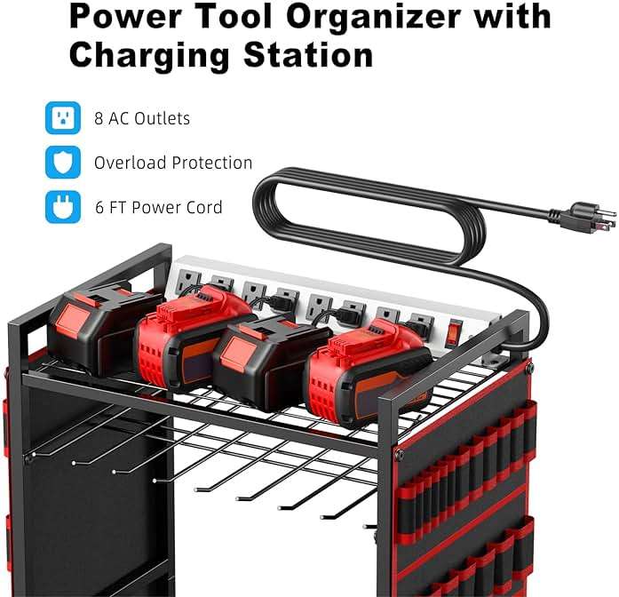 JUNNUJ Large Power Tool Organizer Cart with Charging Station, Garage Floor Standing Rolling Drill and Tools Battery Storage Cart on Wheels, Heavy Duty Utility Rack Shelf with 8 Outlet Power Strip, Red - Image 3