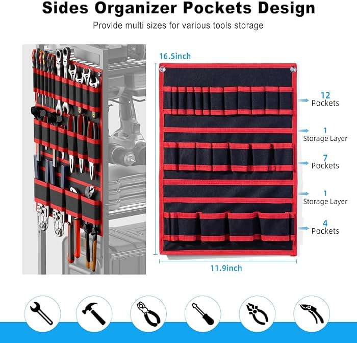 JUNNUJ Large Power Tool Organizer Cart with Charging Station, Garage Floor Standing Rolling Drill and Tools Battery Storage Cart on Wheels, Heavy Duty Utility Rack Shelf with 8 Outlet Power Strip, Red - Image 4