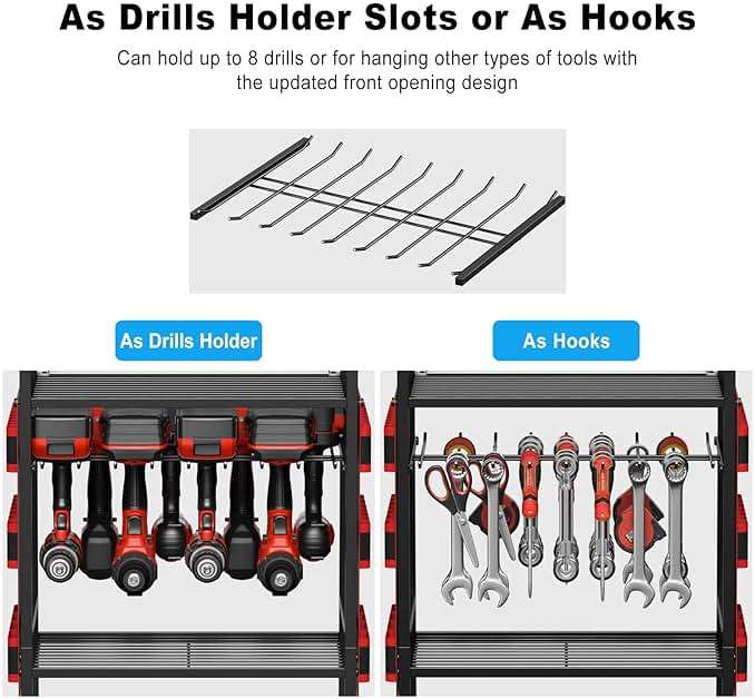 JUNNUJ Large Power Tool Organizer Cart with Charging Station, Garage Floor Standing Rolling Drill and Tools Battery Storage Cart on Wheels, Heavy Duty Utility Rack Shelf with 8 Outlet Power Strip, Red - Image 5