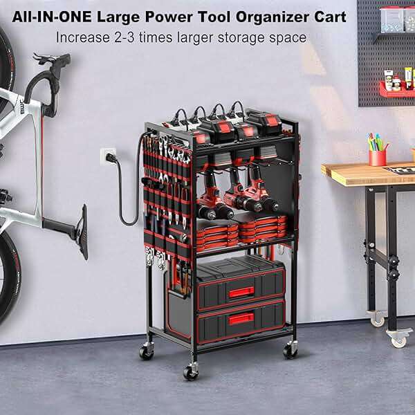 JUNNUJ Large Power Tool Organizer Cart with Charging Station, Garage Floor Standing Rolling Drill and Tools Battery Storage Cart on Wheels, Heavy Duty Utility Rack Shelf with 8 Outlet Power Strip, Red - Image 6