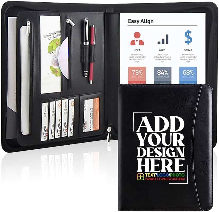 Vebermo Personalized Padfolio with Zipper - Customized Leather Portfolio with Personalized Logo and Text for Resumes, Interviews, and Professional Business Use, Black - Image 1