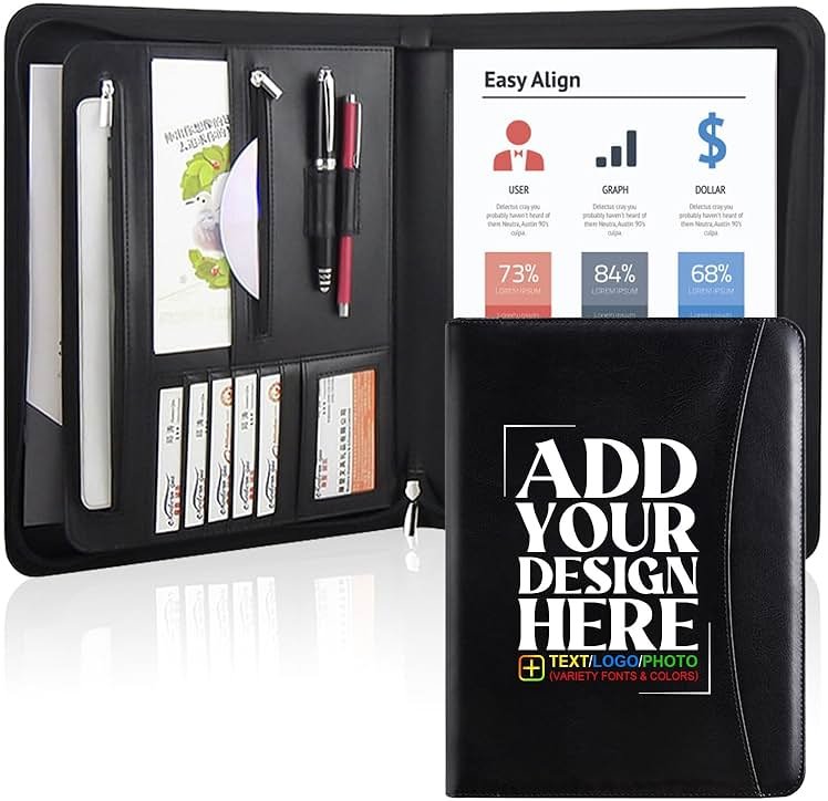Vebermo Personalized Padfolio with Zipper - Customized Leather Portfolio with Personalized Logo and Text for Resumes, Interviews, and Professional Business Use, Black - Product Image