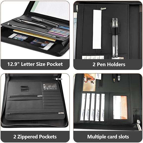 Vebermo Personalized Padfolio with Zipper - Customized Leather Portfolio with Personalized Logo and Text for Resumes, Interviews, and Professional Business Use, Black - Image 5
