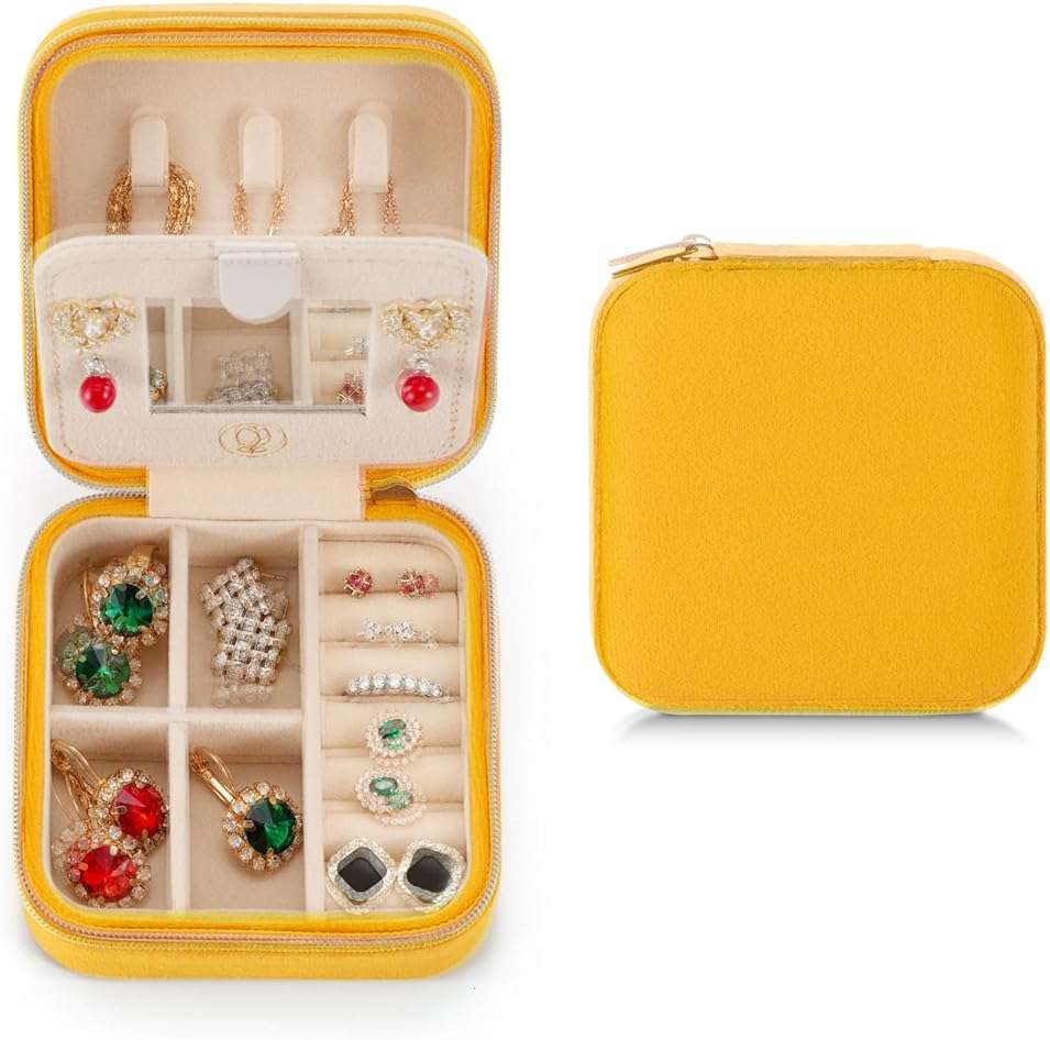 ZPROW Plush Velvet Travel Jewelry Case, Organizer, Box, Small Case for Women, Earring Organizer with Mirror, Best Gifts For Daughter, Girlfriend, Mom | Gifts For Her - Yellow - Image 1