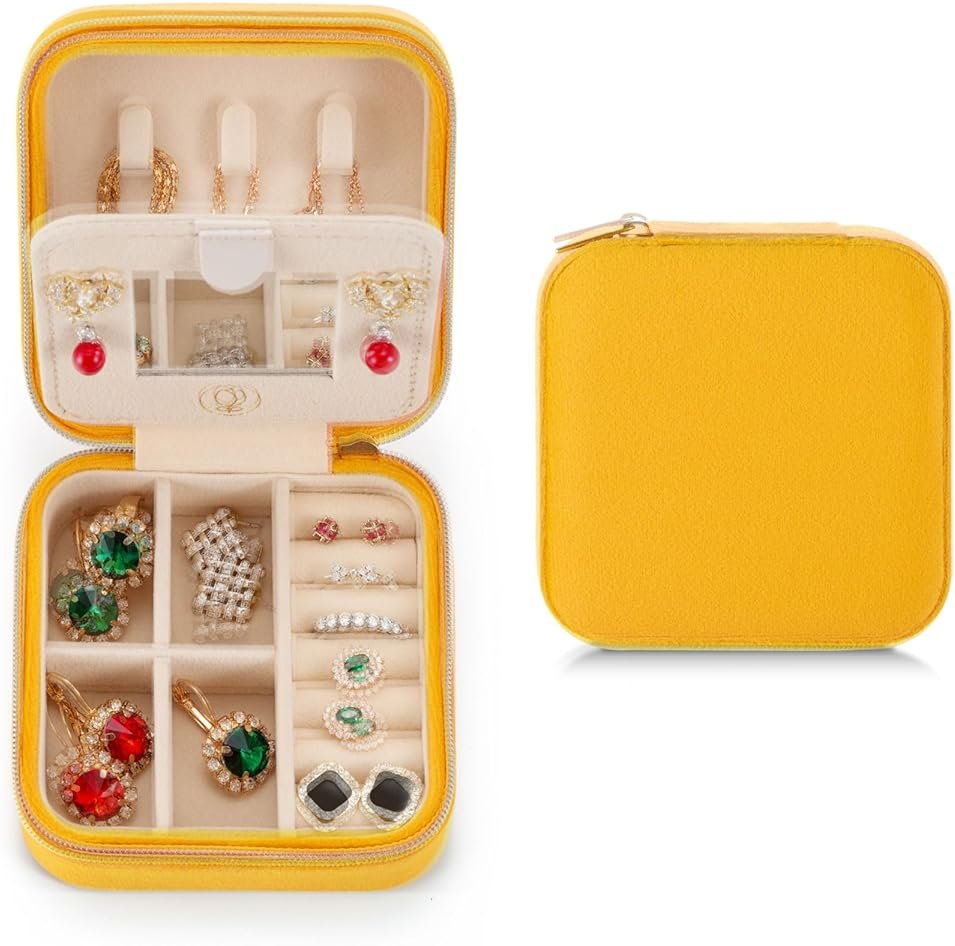 ZPROW Plush Velvet Travel Jewelry Case, Organizer, Box, Small Case for Women, Earring Organizer with Mirror, Best Gifts For Daughter, Girlfriend, Mom | Gifts For Her - Yellow - Product Image