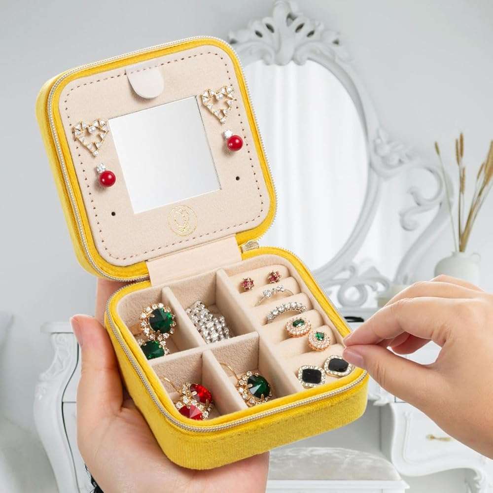ZPROW Plush Velvet Travel Jewelry Case, Organizer, Box, Small Case for Women, Earring Organizer with Mirror, Best Gifts For Daughter, Girlfriend, Mom | Gifts For Her - Yellow - Image 2