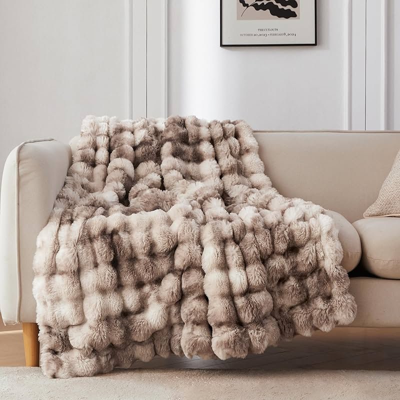COOVA Faux Fur Throw Blanket for Couch, Cozy Soft and Fuzzy Plush Rabbit Fur Bubble Blanket for Sofa Bedroom Living Room, 50x60 Inches Tie Dye Brown - Product Image