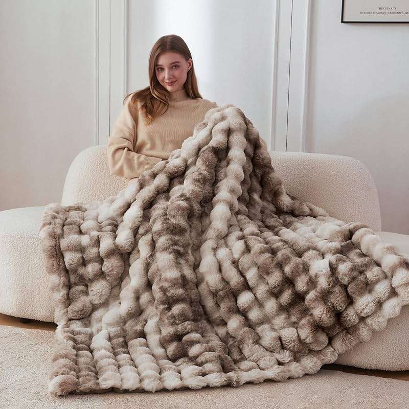 COOVA Faux Fur Throw Blanket for Couch, Cozy Soft and Fuzzy Plush Rabbit Fur Bubble Blanket for Sofa Bedroom Living Room, 50x60 Inches Tie Dye Brown - Image 2