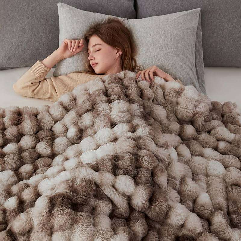 COOVA Faux Fur Throw Blanket for Couch, Cozy Soft and Fuzzy Plush Rabbit Fur Bubble Blanket for Sofa Bedroom Living Room, 50x60 Inches Tie Dye Brown - Image 3