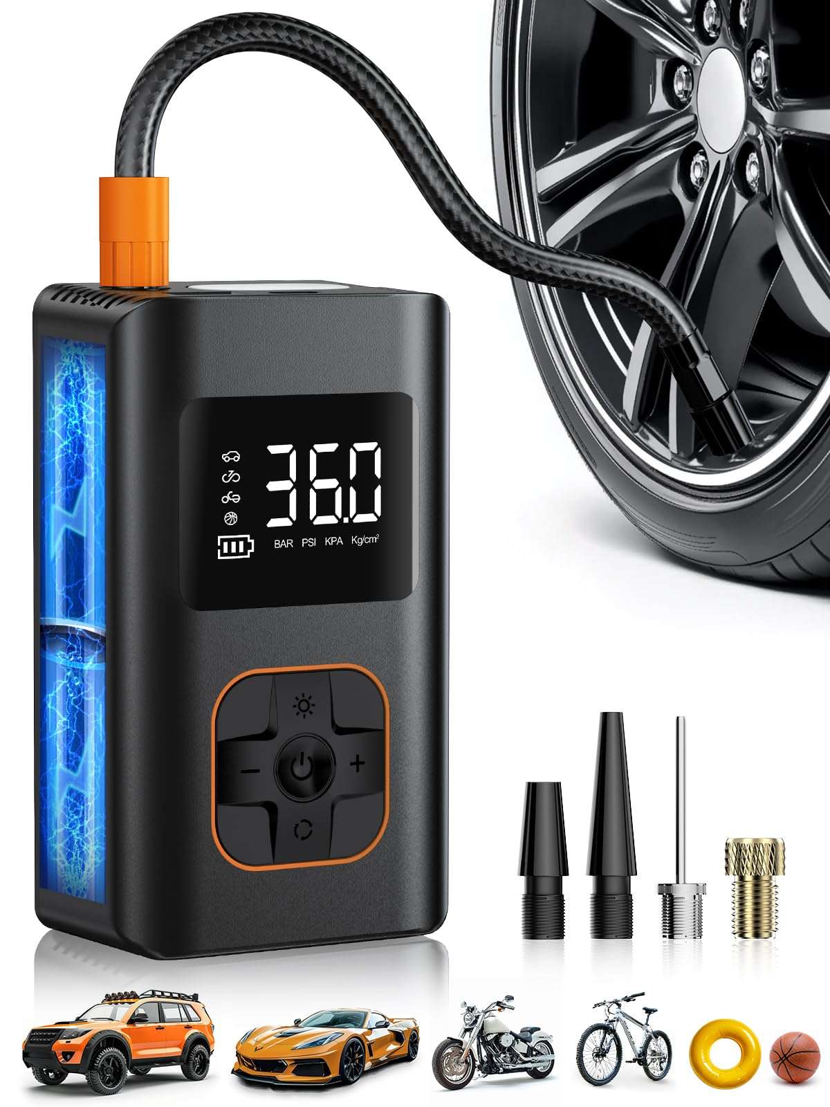 MEUCI Tire Inflator Portable Air Compressor, 8000mAh Cordless Air Pump for Car Tires, 150 PSI Electric Bike Tire Pump with LED Light and Digital Pressure Gauge for Motorcycle, Auto, Ball, Bicycle - Image 1