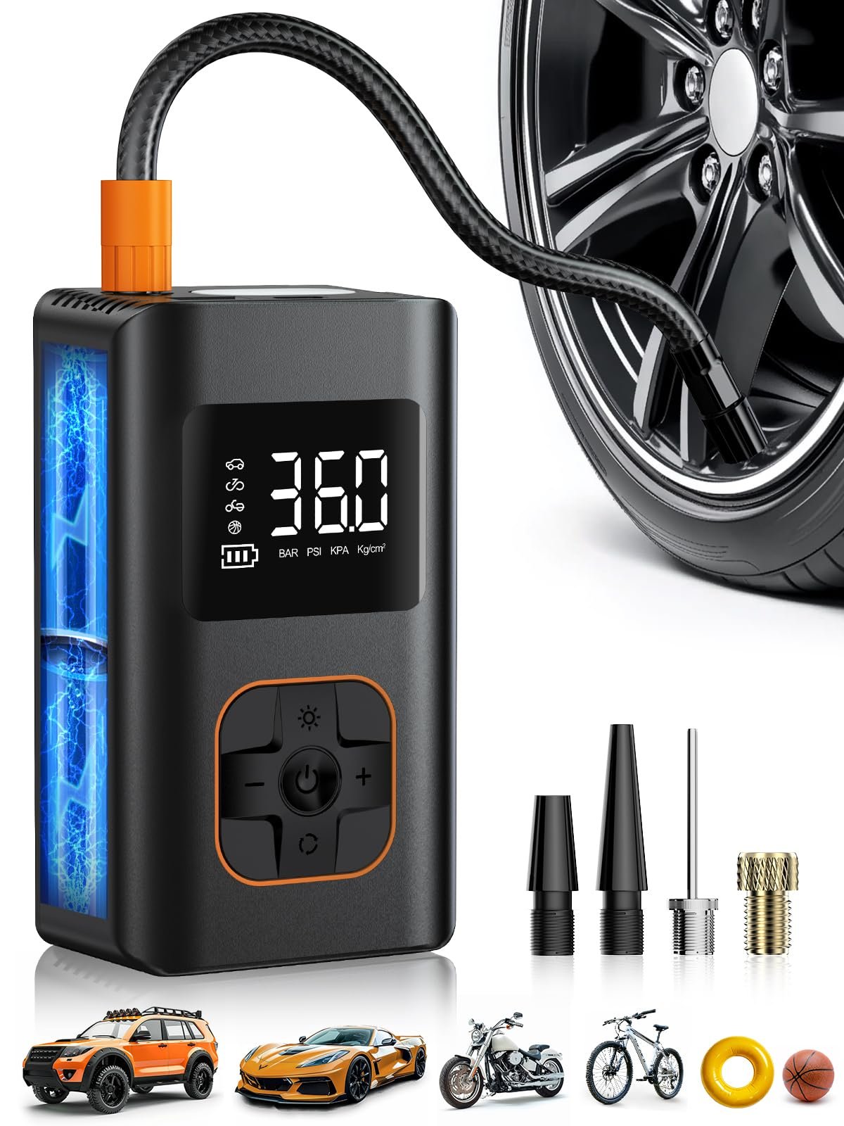 MEUCI Tire Inflator Portable Air Compressor, 8000mAh Cordless Air Pump for Car Tires, 150 PSI Electric Bike Tire Pump with LED Light and Digital Pressure Gauge for Motorcycle, Auto, Ball, Bicycle - Product Image