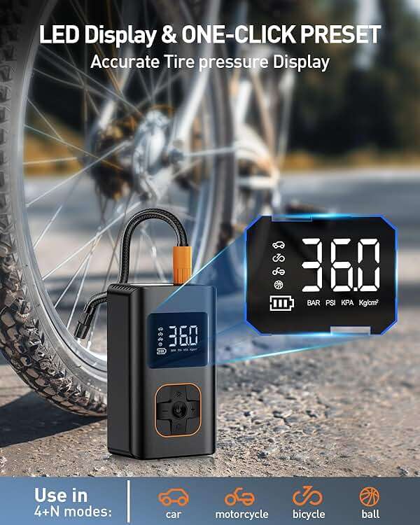 MEUCI Tire Inflator Portable Air Compressor, 8000mAh Cordless Air Pump for Car Tires, 150 PSI Electric Bike Tire Pump with LED Light and Digital Pressure Gauge for Motorcycle, Auto, Ball, Bicycle - Image 3