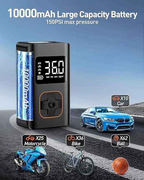 MEUCI Tire Inflator Portable Air Compressor, 8000mAh Cordless Air Pump for Car Tires, 150 PSI Electric Bike Tire Pump with LED Light and Digital Pressure Gauge for Motorcycle, Auto, Ball, Bicycle - Image 8