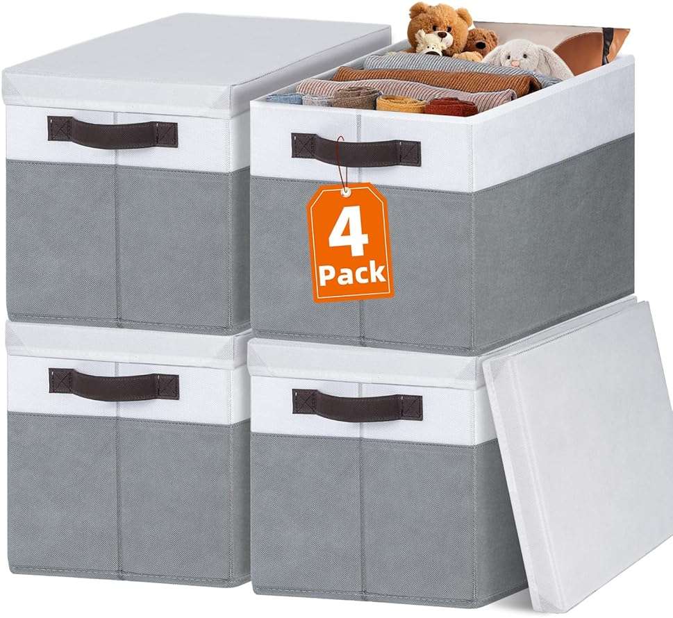 Large Closet Storage Baskets Bins with Lids 4 Pack, Storage Baskets for Organizing Shelves Nursery Bedroom, Home Dorm Closet Organizers Cubes for Clothes Toys Blanket Book - Stackable -14x10x9.5 - Image 1