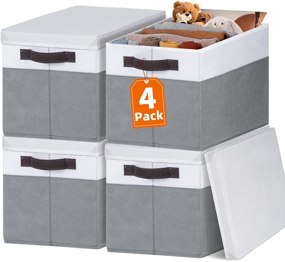 Large Closet Storage Baskets Bins with Lids 4 Pack, Storage Baskets for Organizing Shelves Nursery Bedroom, Home Dorm Closet Organizers Cubes for Clothes Toys Blanket Book - Stackable -14x10x9.5 - Product Image