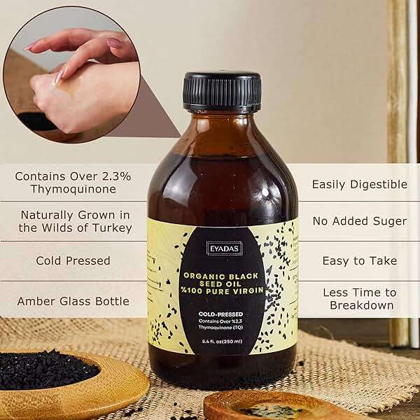 EYADAS Organic Black Seed Oil 8.4 Fl Oz – 100% Turkish Cold-Pressed Nigella Sativa with 3X Thymoquinone – Pure Cumin Extract in Amber Glass Bottle for Immune, Hair, Skin & Overall Wellness - Image 4