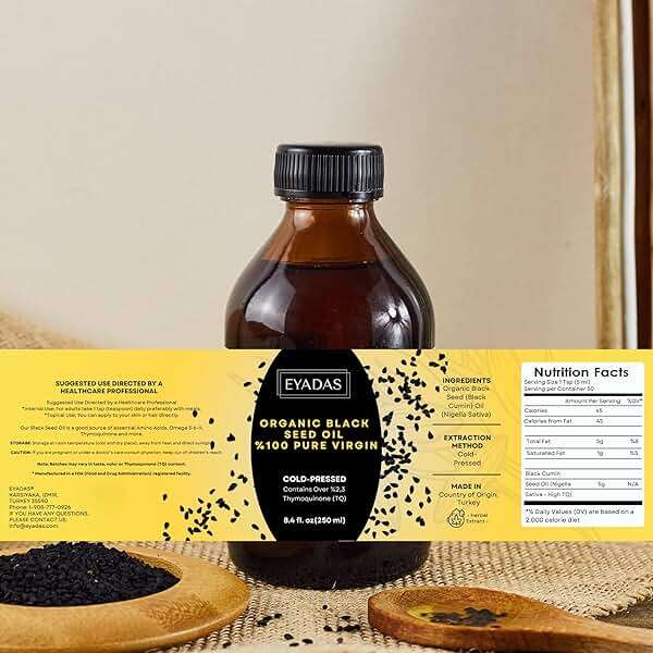 EYADAS Organic Black Seed Oil 8.4 Fl Oz – 100% Turkish Cold-Pressed Nigella Sativa with 3X Thymoquinone – Pure Cumin Extract in Amber Glass Bottle for Immune, Hair, Skin & Overall Wellness - Image 5