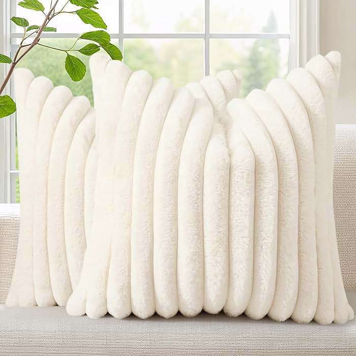 decorUhome Summer Cozy Faux Fur Throw Pillow Covers 18x18 Set of 2 Decorative Soft Plush Striped Modern Farmhouse Boho Couch Pillow Cases with Velvet Back for Sofa Bed Living Room, Cream White - Image 1