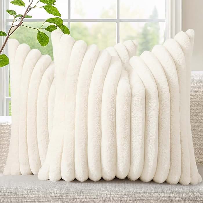 decorUhome Summer Cozy Faux Fur Throw Pillow Covers 18x18 Set of 2 Decorative Soft Plush Striped Modern Farmhouse Boho Couch Pillow Cases with Velvet Back for Sofa Bed Living Room, Cream White - Product Image