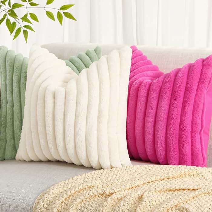 decorUhome Summer Cozy Faux Fur Throw Pillow Covers 18x18 Set of 2 Decorative Soft Plush Striped Modern Farmhouse Boho Couch Pillow Cases with Velvet Back for Sofa Bed Living Room, Cream White - Image 5