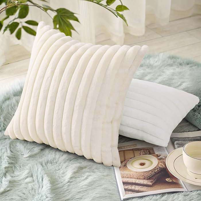 decorUhome Summer Cozy Faux Fur Throw Pillow Covers 18x18 Set of 2 Decorative Soft Plush Striped Modern Farmhouse Boho Couch Pillow Cases with Velvet Back for Sofa Bed Living Room, Cream White - Image 6