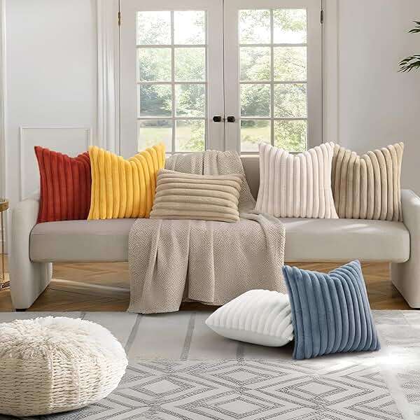 decorUhome Summer Cozy Faux Fur Throw Pillow Covers 18x18 Set of 2 Decorative Soft Plush Striped Modern Farmhouse Boho Couch Pillow Cases with Velvet Back for Sofa Bed Living Room, Cream White - Image 7