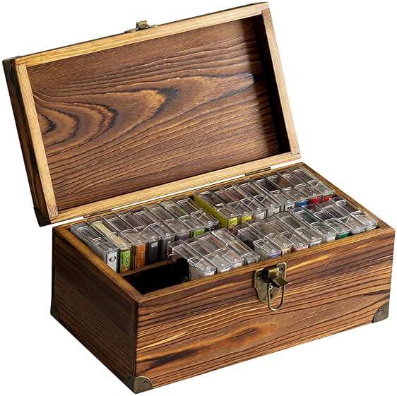 MyGift Rustic Dark Brown Wood Retro Audio Cassette Tape Storage Box with Antique Brass Tone Metal Latch and Brackets, 4 Compartments Hold up to 32 Tapes - Image 1