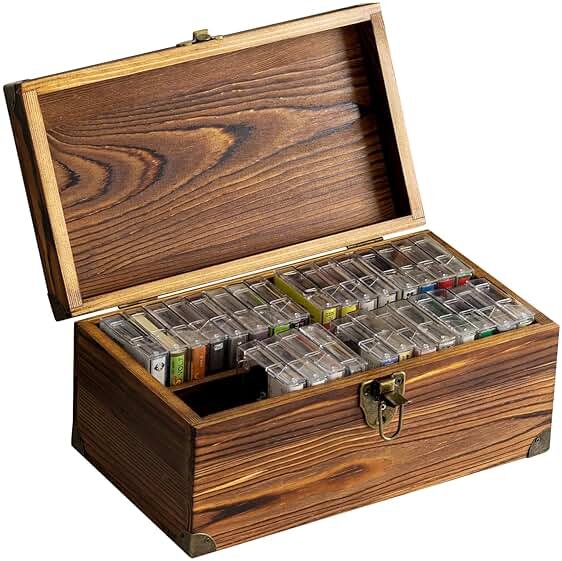 MyGift Rustic Dark Brown Wood Retro Audio Cassette Tape Storage Box with Antique Brass Tone Metal Latch and Brackets, 4 Compartments Hold up to 32 Tapes - Product Image