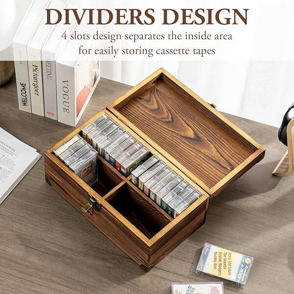 MyGift Rustic Dark Brown Wood Retro Audio Cassette Tape Storage Box with Antique Brass Tone Metal Latch and Brackets, 4 Compartments Hold up to 32 Tapes - Image 4